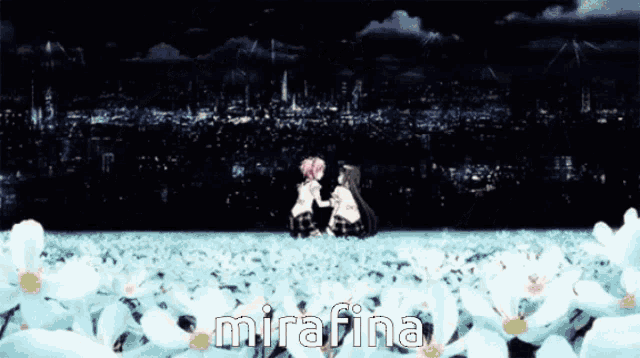 a couple of girls sitting in a field of white flowers with mirafina written on the bottom right