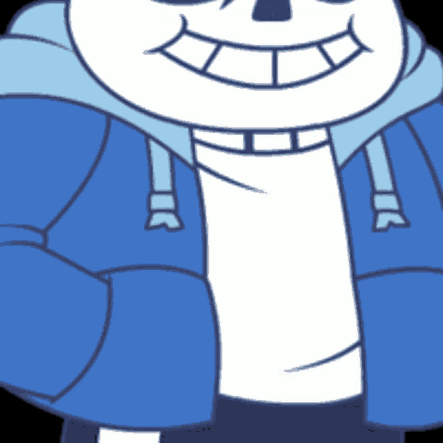 a cartoon drawing of a skeleton wearing a blue jacket and smiling