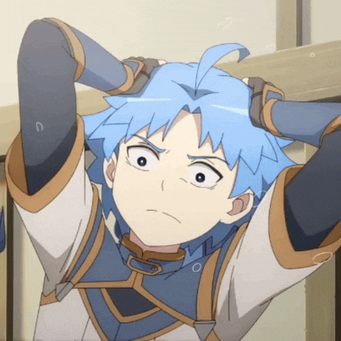 a boy with blue hair has his hands behind his head and looks angry
