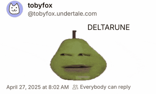 a drawing of a pear with a face and the words deltarune on it