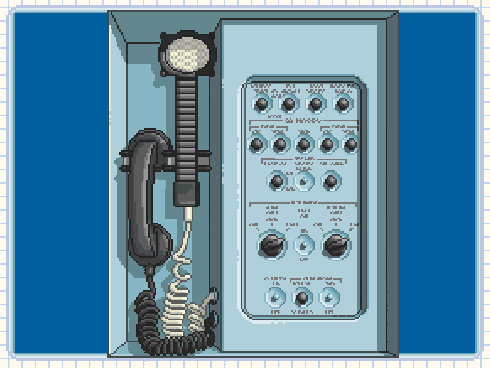 a pixel art drawing of a telephone and a control panel with the letters a and b on it