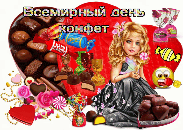 a girl sitting in front of a heart surrounded by chocolates and hard candy wrappers