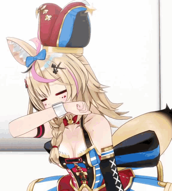 a girl with a fox tail is wearing a hat