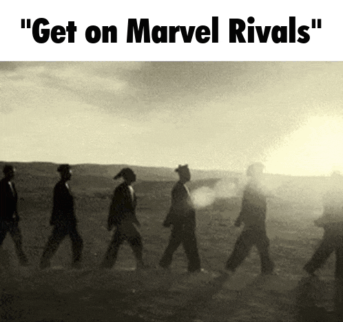 a group of people walking in a line with the words " get on marvel rivals " on the top
