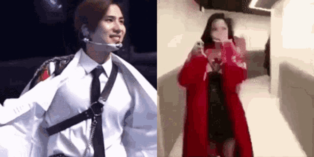 a man in a white shirt and tie and a woman in a red coat are taking a picture of each other .