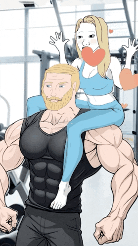 a man with a beard is carrying a woman on his shoulders
