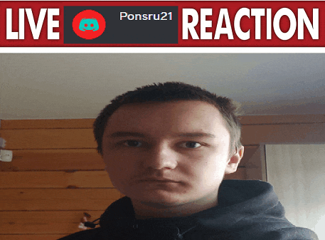 a young man stands in front of a red sign that says live reaction