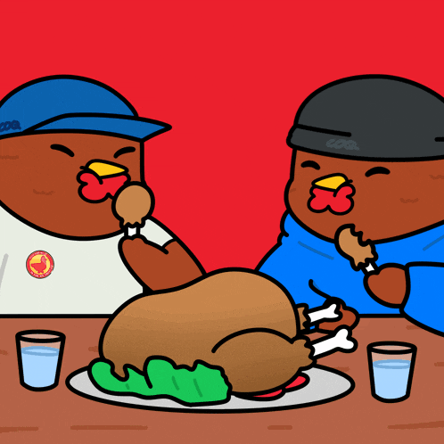 a cartoon of two chickens eating a turkey with the word nom on the bottom right