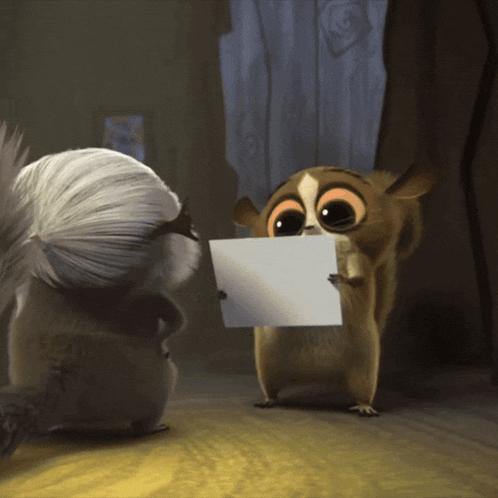 a cartoon squirrel is holding a piece of paper in his mouth