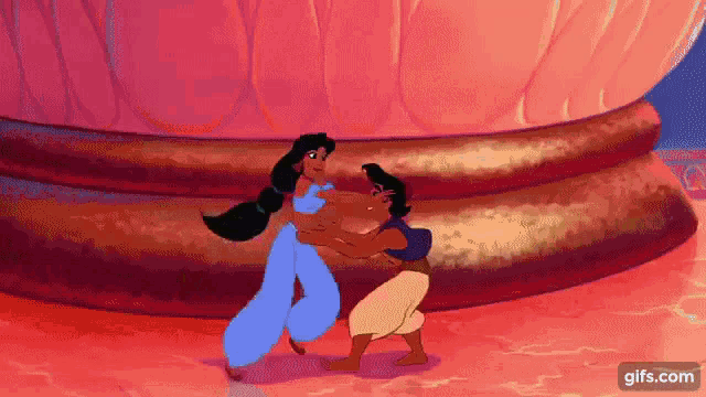 a cartoon of a man and a woman dancing in front of a statue .
