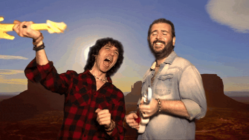 a man in a plaid shirt is holding a sword and a man in a denim shirt is holding a remote control