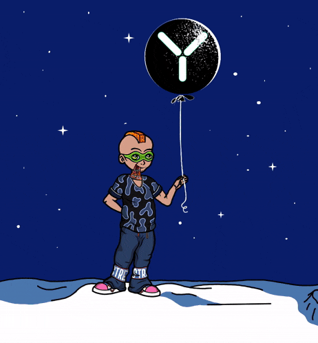 a cartoon drawing of a boy holding a balloon with the letter l on it