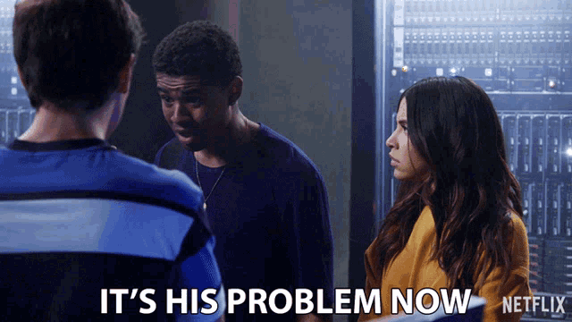 a man and a woman are standing next to each other with the words it 's his problem now on the bottom