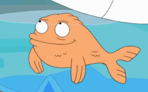a cartoon fish is swimming in the water and looking at the camera