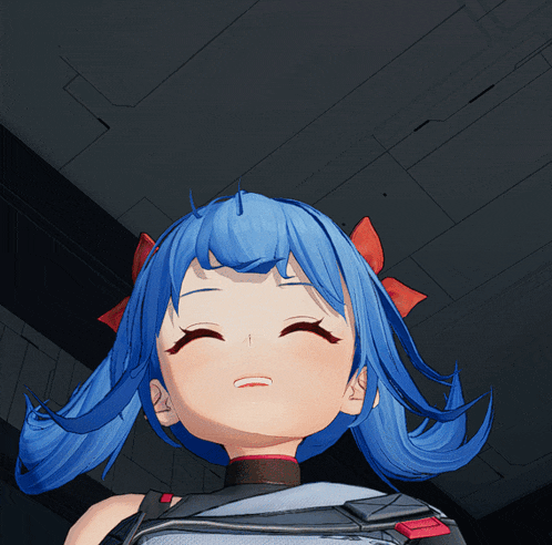 a close up of a blue haired anime girl 's face