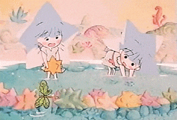 a cartoon drawing of two children standing in a body of water