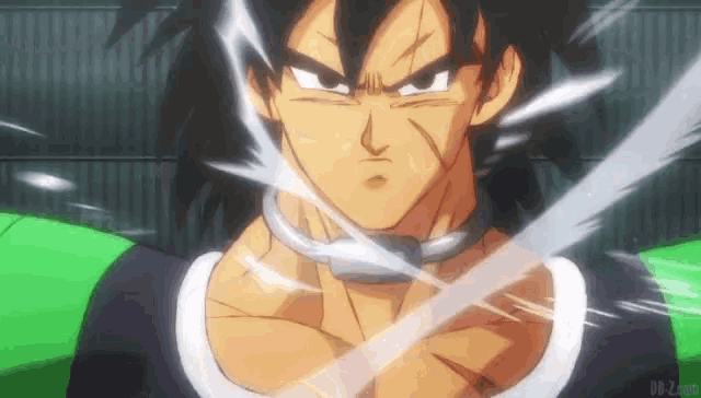 a close up of a dragon ball z character holding a sword in his hand .