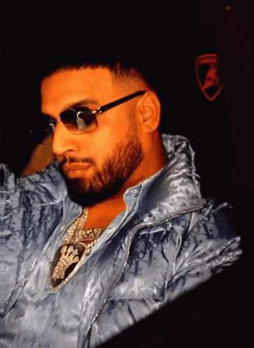 a man with a beard wearing sunglasses and a blue jacket