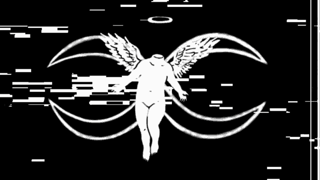 a black and white drawing of a naked angel with wings and a halo on a black background .