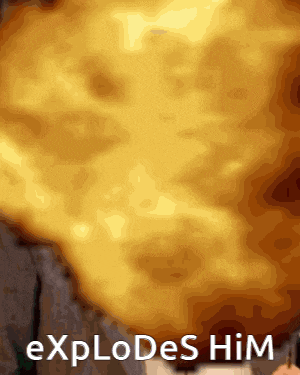 a close up of a person 's face with the words explodes him written below it