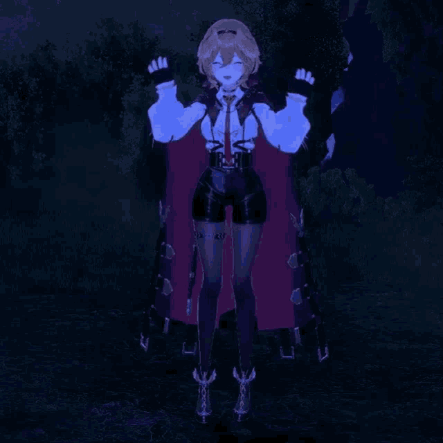 a girl with a purple cape and black shorts stands in the dark