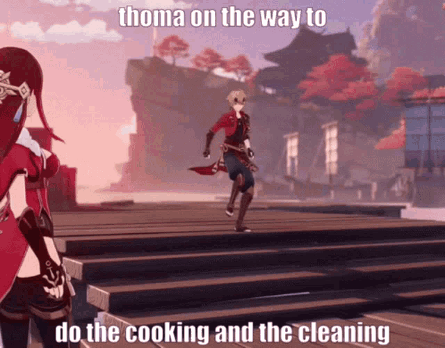 a video game scene with a caption that says thoma on the way to do the cooking and the cleaning