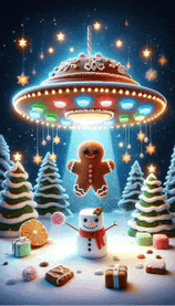 an illustration of a gingerbread man being taken by an ufo