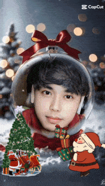 a man 's face is in a christmas ornament surrounded by santa and gifts
