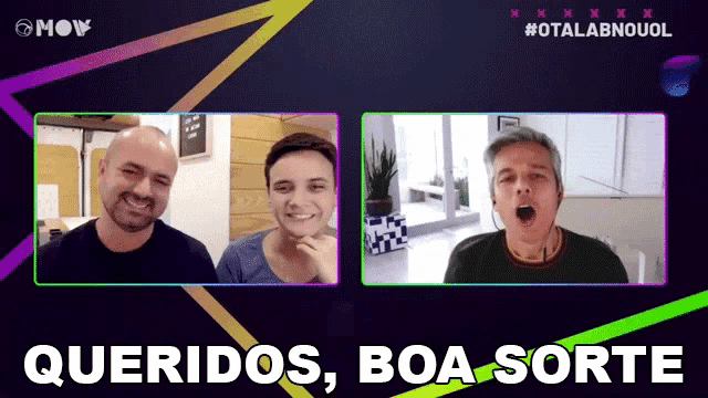 two men are talking on a video call and the words queridos boa sorte are on the screen
