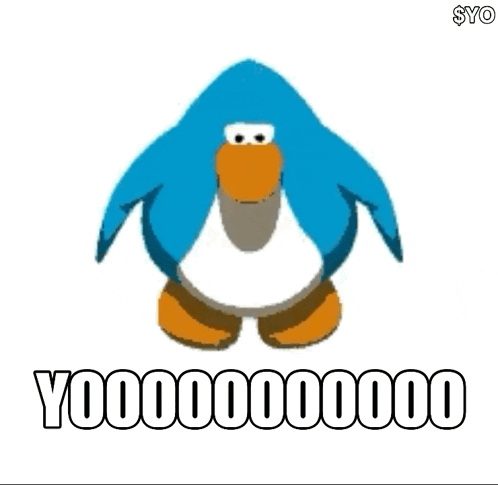 a blue penguin is dancing on a white background with a caption that says yoooooo .