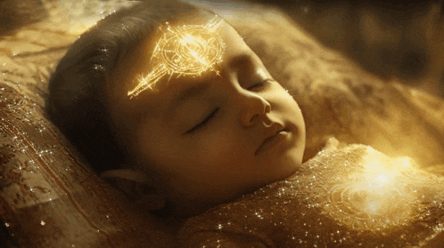 a baby is sleeping with a glowing circle on his forehead