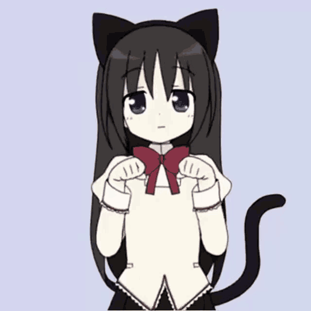 a black haired anime girl with cat ears and a cat tail