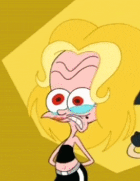 a cartoon drawing of a woman with big red eyes on a yellow background