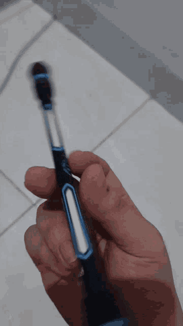 a person is holding a blue and black toothbrush in their right hand