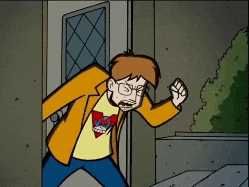 a cartoon of a man wearing a yellow jacket and a t-shirt with a superhero on it