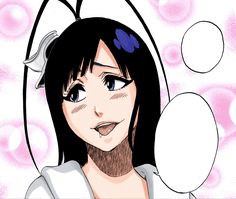 a cartoon girl with long black hair and a white shirt is smiling .