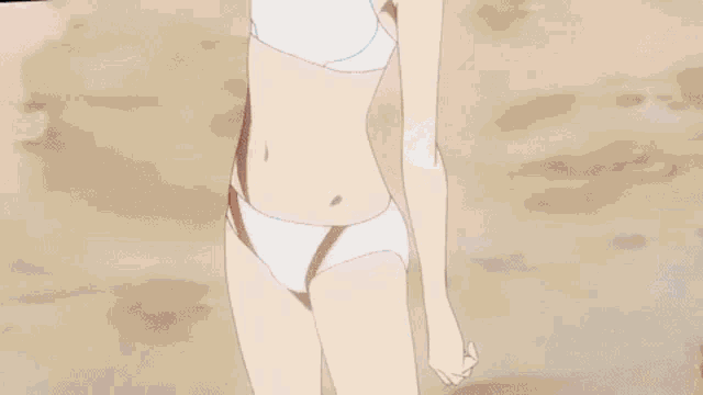 a girl with pink hair and a white swimsuit is standing in the water .