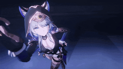 a girl with cat ears and a hood holding a sword