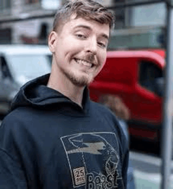 a young man wearing a black hoodie is smiling and standing in front of a red van .
