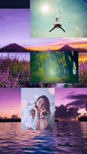 a collage of images including a woman in the water