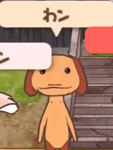 a cartoon dog is standing next to a person in a video game and talking to them .