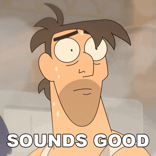 a cartoon of a man with a beard and the words sounds good