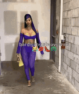 a woman in a purple outfit is walking down a hallway with the words bardigang always wins written on the bottom