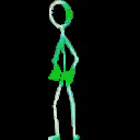a stick figure with wings and a rainbow colored cape is dancing .