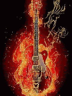 a guitar is surrounded by flames and smoke on a black background