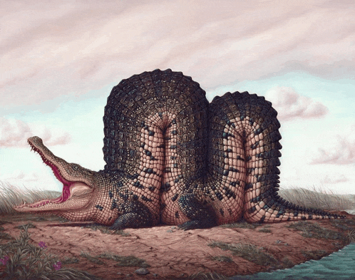 a painting of a crocodile laying on the ground with its mouth open