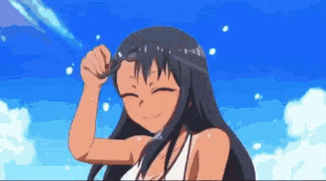 a cartoon girl is smiling and holding her hair in front of a blue sky with clouds .