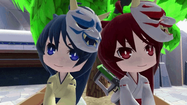 a couple of anime girls wearing masks and kimonos