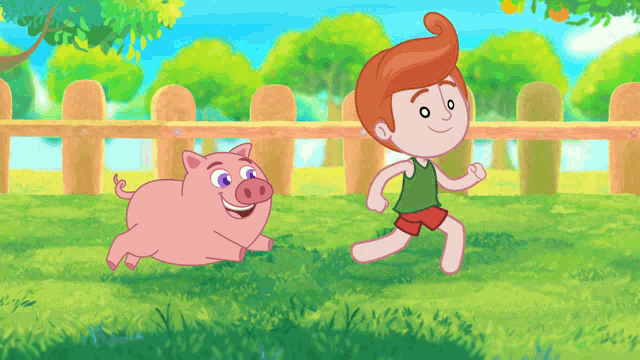 a cartoon of a boy and a pig running in the grass