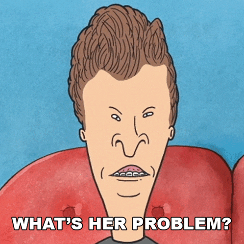 a cartoon of a man with braces on his teeth and the words what 's her problem